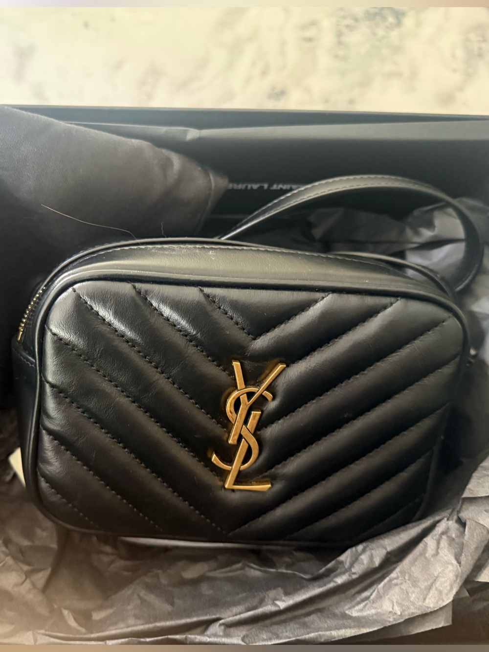 Saint Laurent Black Quilted Leather Belt Bag with Gold YSL Emblem